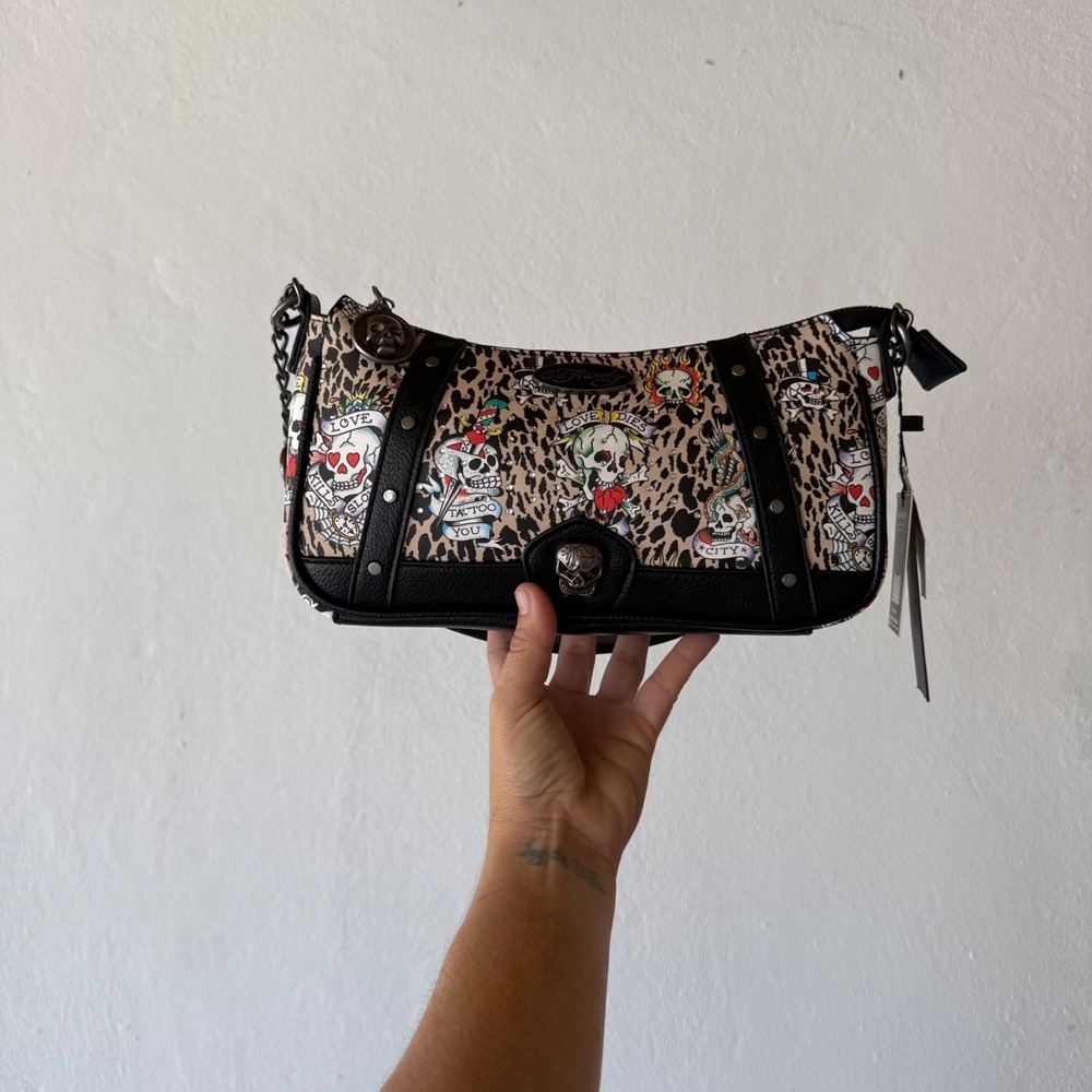 Ed Hardy Tan Black Leopard Skull Tattoo Shoulder Bag NWT Y2K